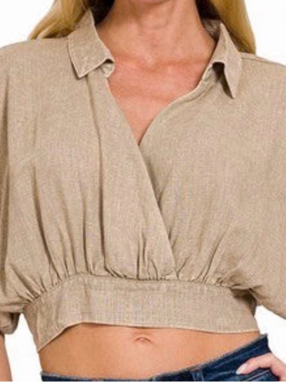 Zenana Outfitters Beige Collared Cropped Wrap Top